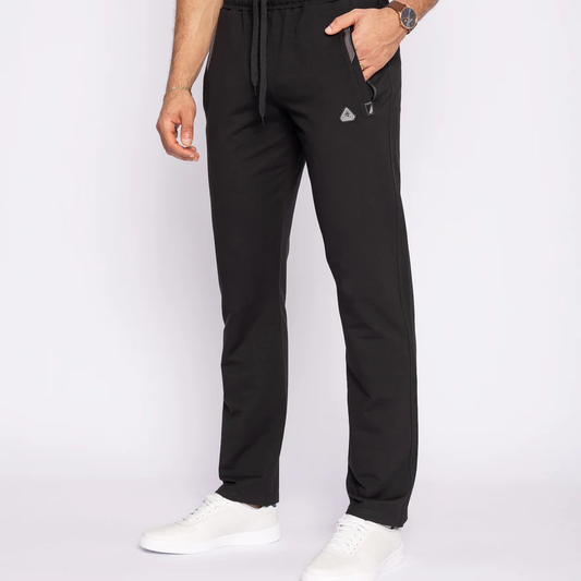 Men's slim-fit black jogger pants with drawstring waist and zip pockets