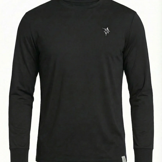 Men's black long-sleeve tee with embroidered marlin logo on the chest